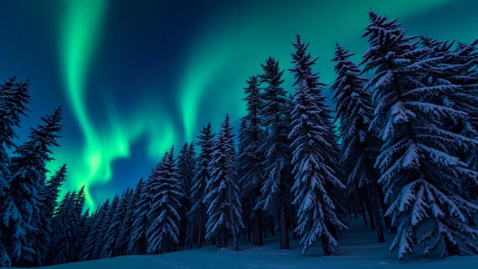 Nordlys over snødekt skog